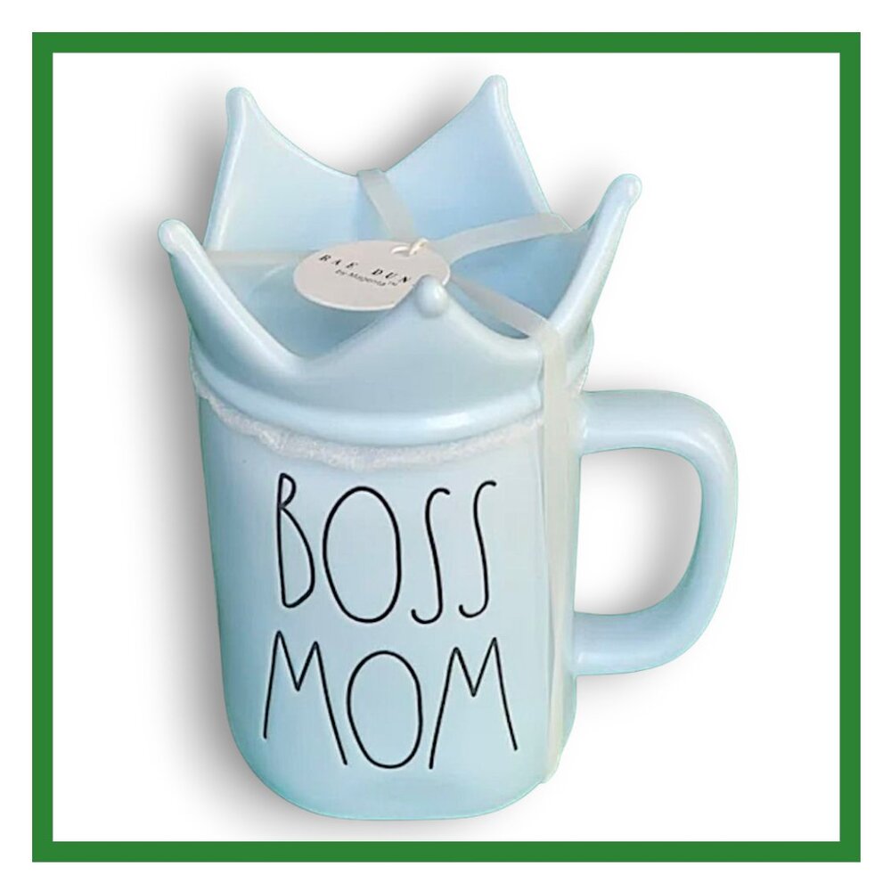 Rae Dunn "Boss Mom" Light Blue Ceramic Mug with Crow Cover Lid